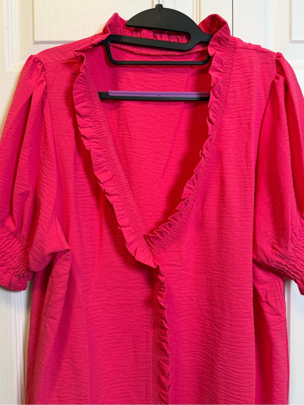 Sage Vell Hot Pink Ruffle V Neck Blouse Smocked Sleeve Top XL - Picture 2 of 9